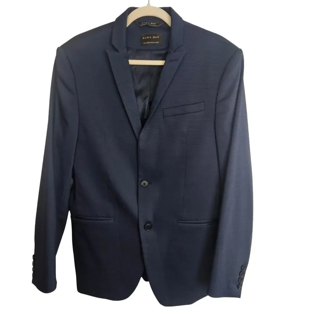 Zara Mens Blazer Size 40 Navy Blue Two Button Wedding Guest Office Business Work